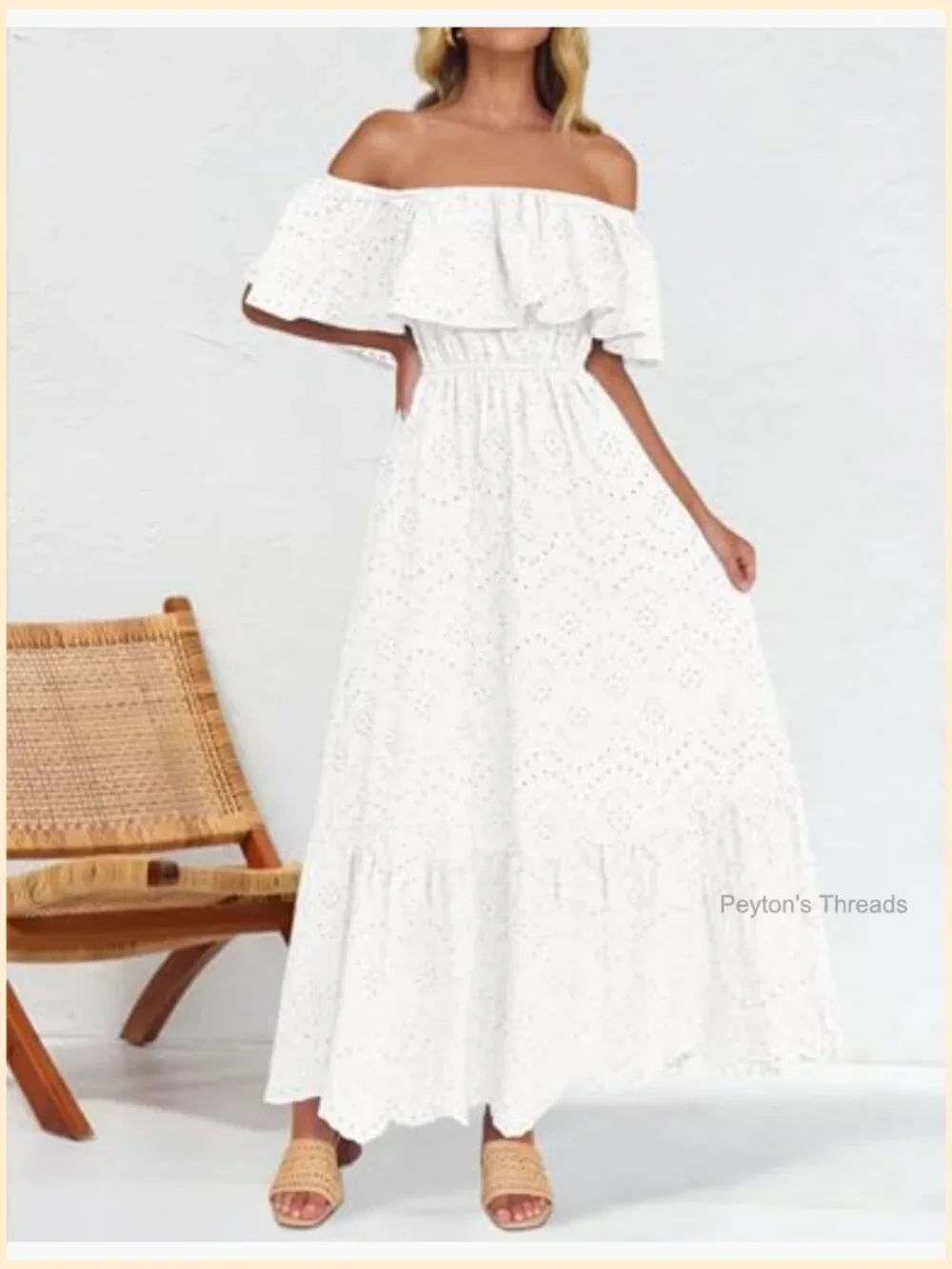 Off Shoulder Ruffle Midi Dress Short Sleeve High Waist Hollow Out Embroidery - Picture 2 of 7